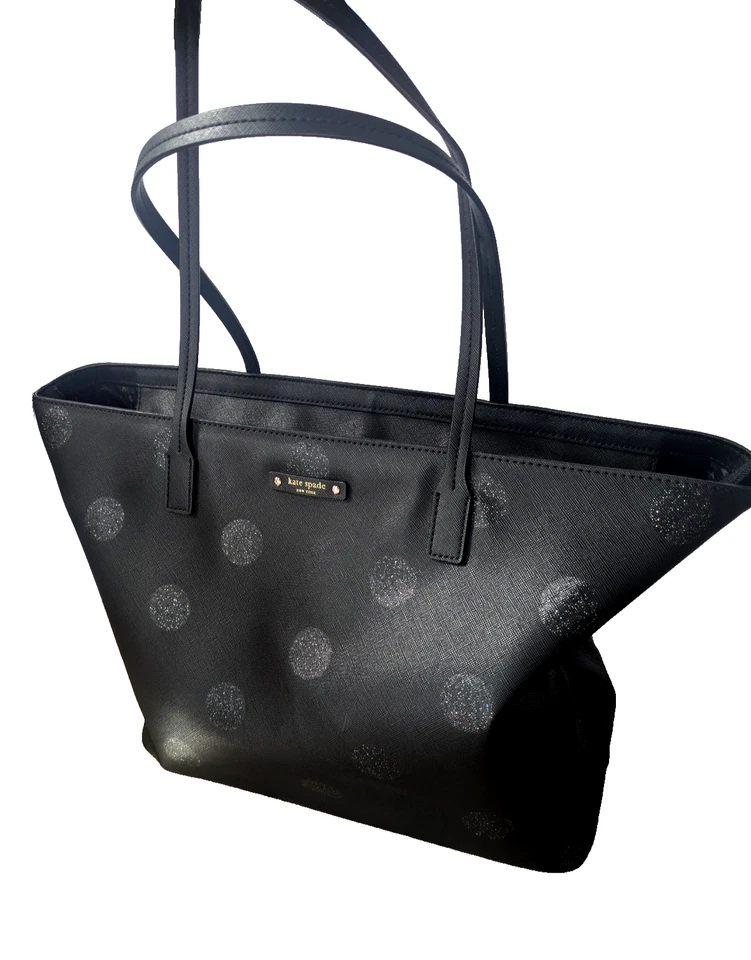 Kate Spade Haven Lane Glitter Polka Dot Black Vegan Large Tote Zip Top New York - Image 3 of 4