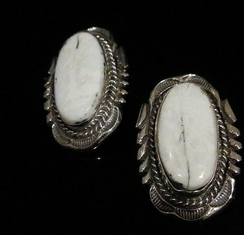 Native American Navajo White Buffalo Turquoise & Sterling Silver Earrings Signed - Picture 5 of 12