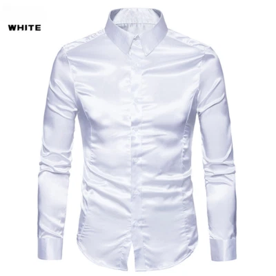 Herren Satin Kleid Hemd Knöpfe Glänzend Slim Fit Langärmelig Freizeit Disco - Bild 1 von 4