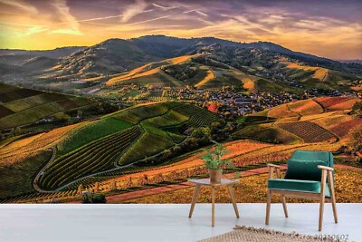 3D Village Fields Mountains Landscape Self-adhesive Removable Wallpaper Murals