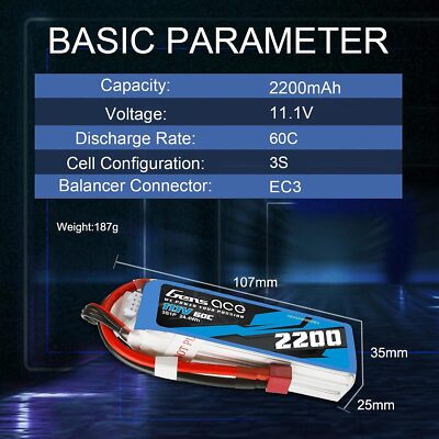 Gens Ace 3S Lipo Battery 11.1V 2200mAh 60C With EC3 Plug For RC Drones & Airplanes