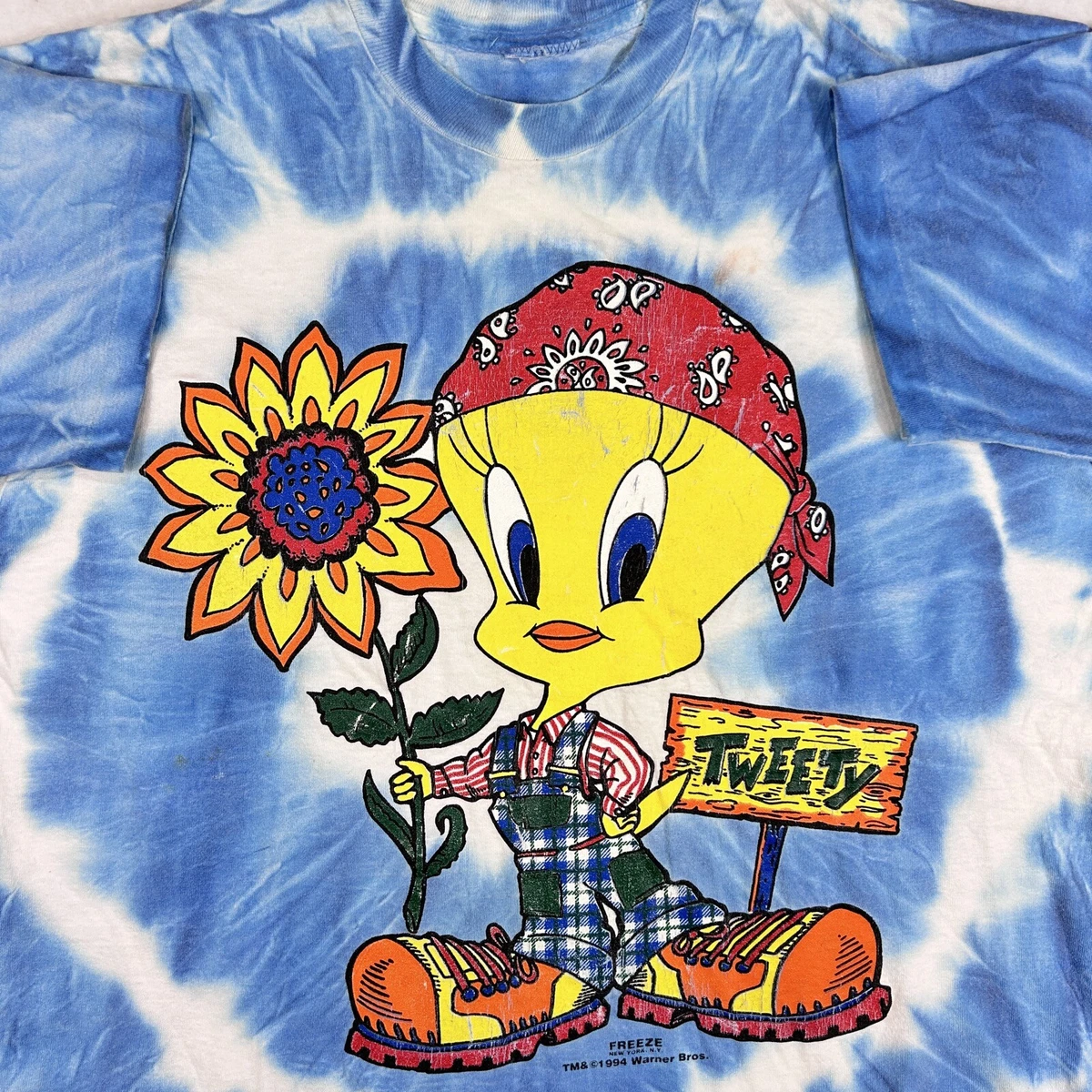 vtg 90s FREEZE TWEETY LOONEY TUNES TIE-DYE T-Shirt L/XL cartoon single stitch