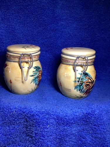 Vintage En Provence Keramik Hahn Motiv Druckknopfverschluss Deckel Kanister, 2er Set - Bild 3 von 8