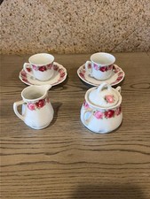 Vintage Set of 6 Miniature Porcelain Cups, Saucers Jug Bowl Pink Rose Floral