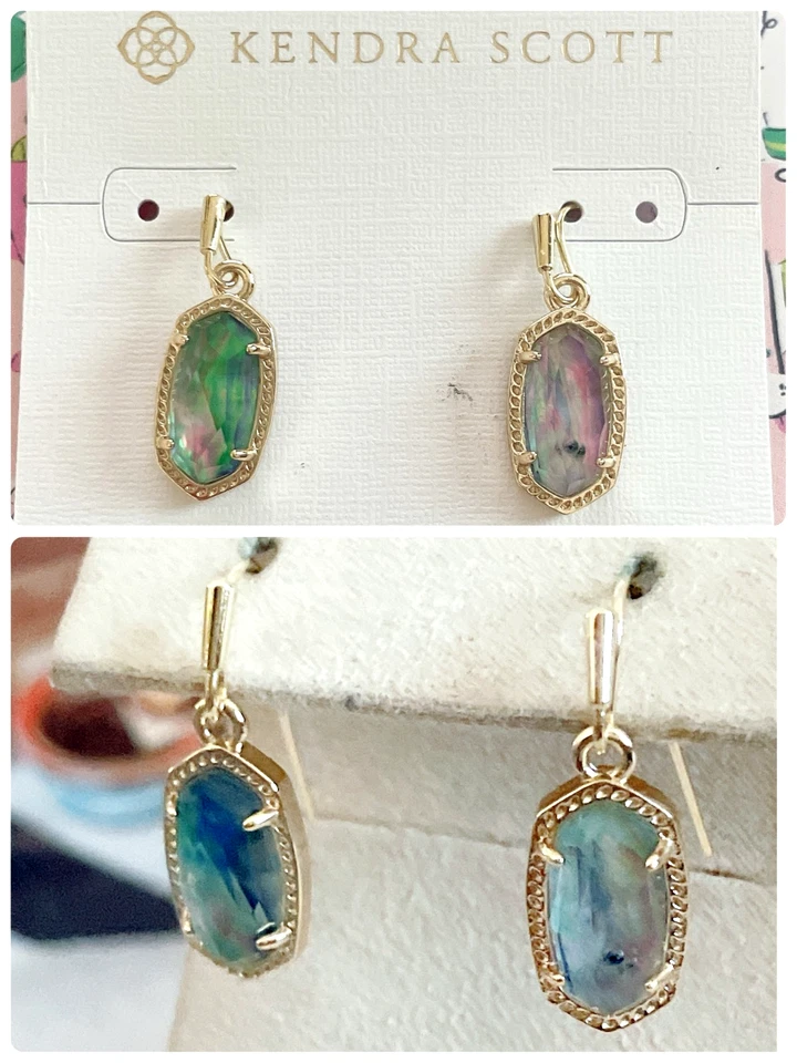 Pendientes colgantes pequeños Kendra Scott Lee en abulón lila, tono dorado Foto 2 de 2
