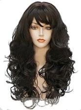 Real Human Hair New Fashion Women's Layered Long Dark Brown Wavy Full Wigs 24 In
