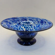 Hand Blown Studio Art 6.5” Cobalt Glass Footed Bowl Candy Dish Candle Holder  