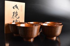 S9477: Japanese Wooden Lacquer ware TEA BOWL Chawan 5pcs, w/signed box