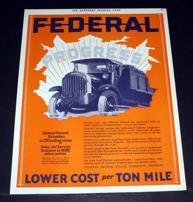 1926 OLD MAGAZINE PRINT AD, FEDERAL TRUCKS-LOWER COST PER TON MILE, PROGRESS!