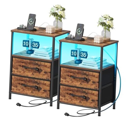 Rustic Brown Nightstand Set with Charging Station and LED Lights