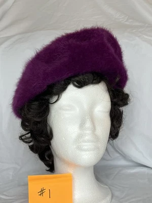 Vintage Hat Purple Suede Leather Beret Satin Lined 9\