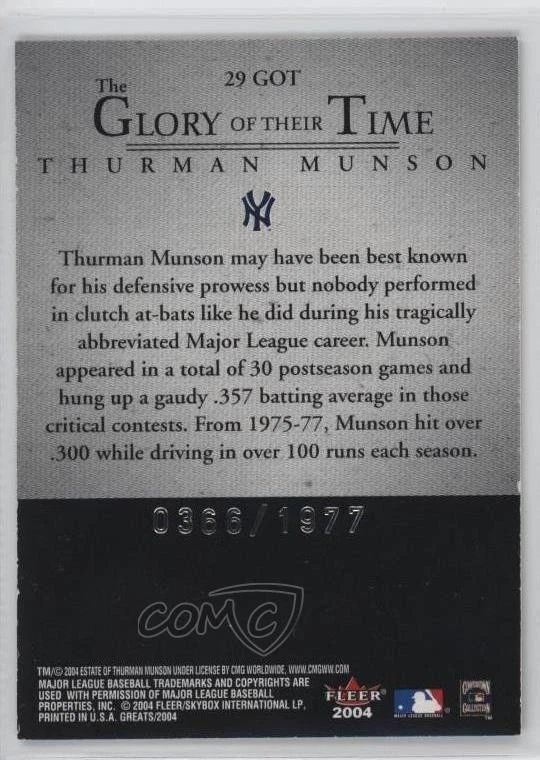 2004 Fleer Greats of the Game Glory of their Time /1977 Thurman Munson #29GOT - Image 2 of 2
