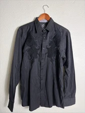 Roar Mens Large Long Sleeve Pearl Snap Shirt Black Striped Wings Embroidered