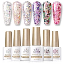 Glitter Sequins Gel Nail Polish Sparkly Shiny Pink Yellow Blue Green 6pcs 7ml...