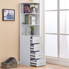 Utility 3-Tier Shelves & 4 Drawers Corner Cabinet White for Living Room/Bedroom,