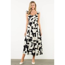 NEW THML Ruffle Strap Abstract Print Maxi Tiered Dress Smocked Black Off-White S