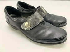 Romika Maddy Black/Pewter Leather Slip-On Strap Wedge Loafers Women's 10/10.5 41