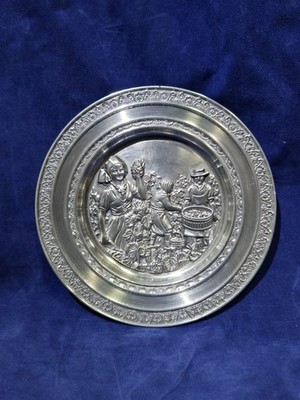 Collectible Vintage German Pewter Plate 97% Tin Zinn Etain Grape Picking 