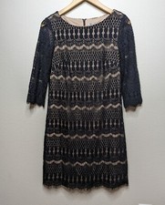 Eliza J Cocktail Dress Black Sheath Lace Illusion Midi Size 8 3/4 Sleeves B4