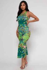 Green Tropical Print Maxi Dress Size Large Racerback Summer Travel 