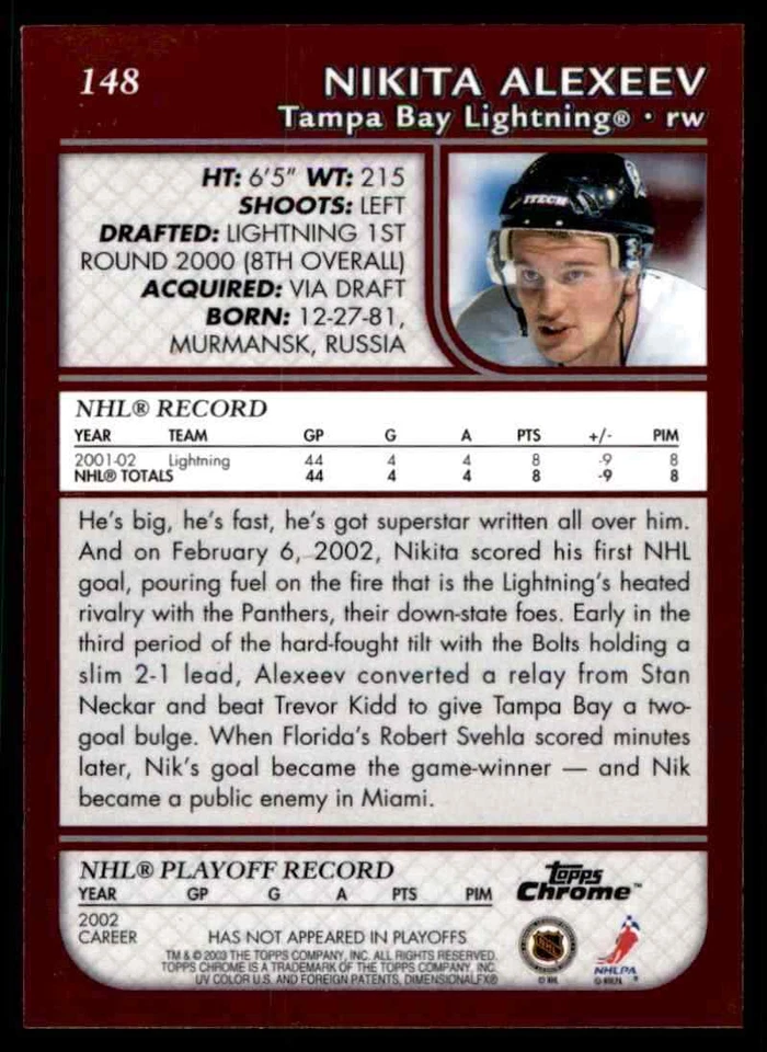 2002-03 Topps Chrome Nikita Alexeev #148 - Image 2 of 2