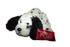Russ Plush Dog Punch 8" Long Laying on His Belly Black White Curly Soft Retired