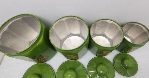 Mid Century Vintage Kromex Aluminum Plastic Harvest Green Fruit Canister Set 4 - Picture 5 of 12