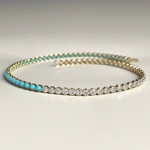 Unique Tennis Women's Bracelet Simulated Turquoise &Cubic Zirconia Silver 925 - Picture 3 of 3