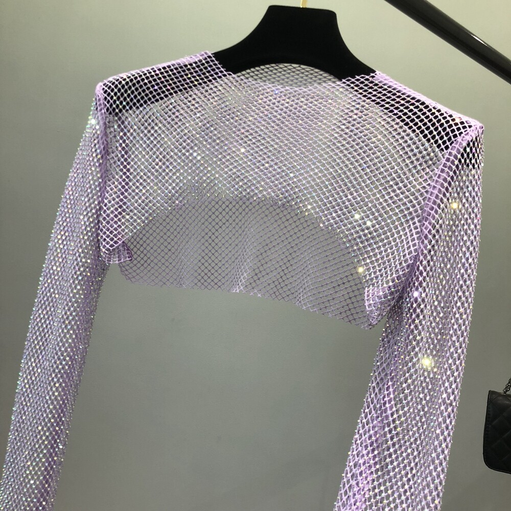 Lady Long Sleeve Mesh Crop Top with Rhinestone Fishnet Shawl Shirt Cover Up  Sexy