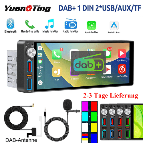 Autoradio 1Din mit 6.9 Zoll Bildschirm CarPlay Bluetooth DAB AM/FM Radio RDS USB - Bild 1 von 11