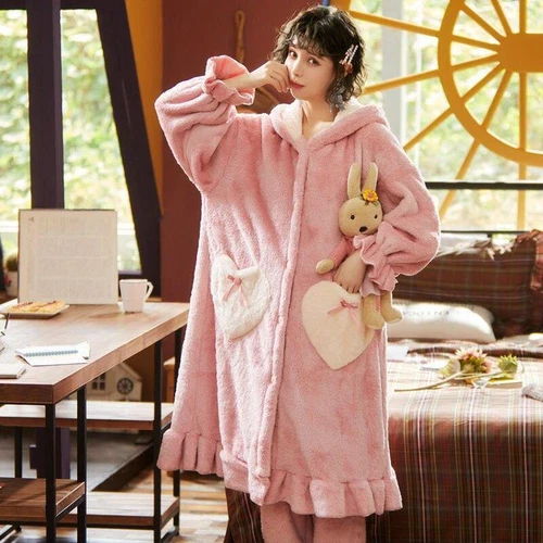 Mädchen Hase Kaninchen lange Ohren Nachthemd warm Flanell Kapuze dick Nachtwäsche PJ's - Bild 11 von 40