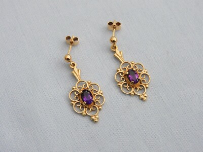 TOP WC LD. OVALE OHRHÄNGER AMETHYST 9 KT GELBGOLD SCHNÖRKELARBEIT DESIGN 1997