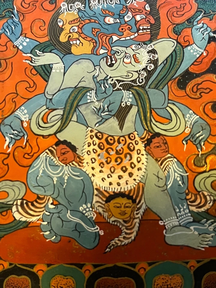 Thangka tibetano pintado en cuerno Yamantaka en unión padre-madre Foto 3 de 4