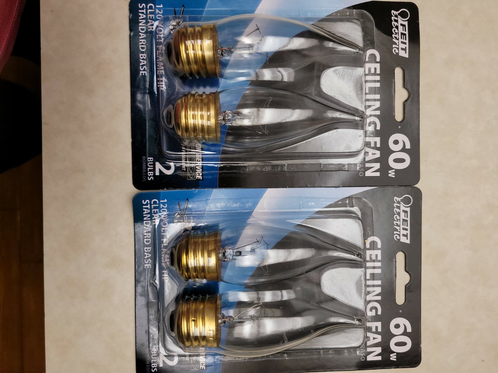 2 PKS FEIT CEILING FAN LIGHT BULB 60W 120VOLT FLAME TIP CLEAR 2 PER