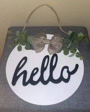 Farmhouse Round Wooden Hanging Rustic Hello Wreath Sign used