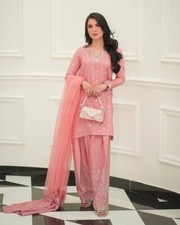 New Classy Heavy Chinnon Peach Salwar Kameez With Dupatta For Women Wear