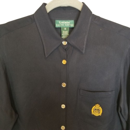Lauren Ralph Lauren Shirt Silk Shirt Women 8 Navy Blue Button Down Shirt Women - Picture 2 of 8