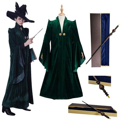 Harry Potter Kid Girl/Adult Professor Minerva McGonagall Cosplay Witch Robe+Wand