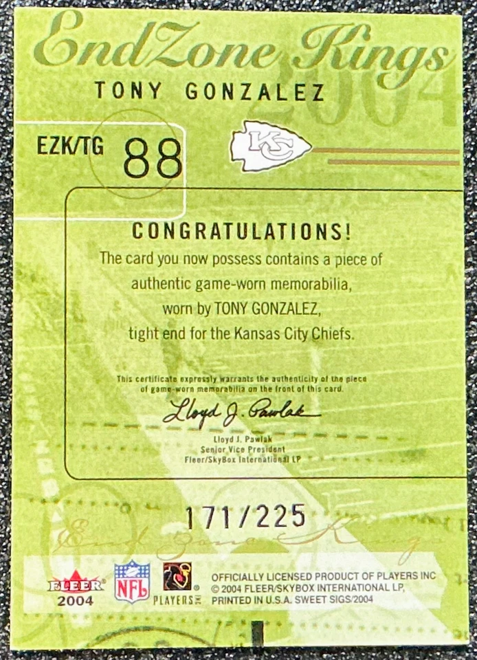 Parche Tony Gonzalez 2004 Fleer #88 End Zone Kings/225 (MEM, SP) Chiefs Foto 2 de 2