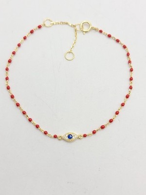 Mini 1.2mm Red Bead 14k Gold Plated Sterling Eye of Evil CZ Bracelet 6''+1'' EXT