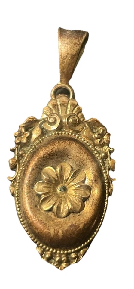Pendentif 1900  Médaillon Porte-photo ou cheveux plaqué Or décor Fleurs - Photo 3/4