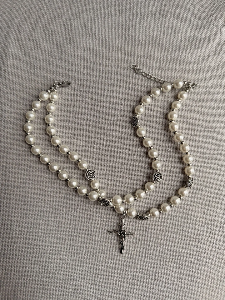 Collar Gargantilla Perla para Mujer - Colgante Cruz Vintage En Capas, Joyería Elegante Foto 3 de 4