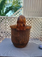Antique Chinese Woven Rice Basket Grain Pail Fisherman Water Bucket