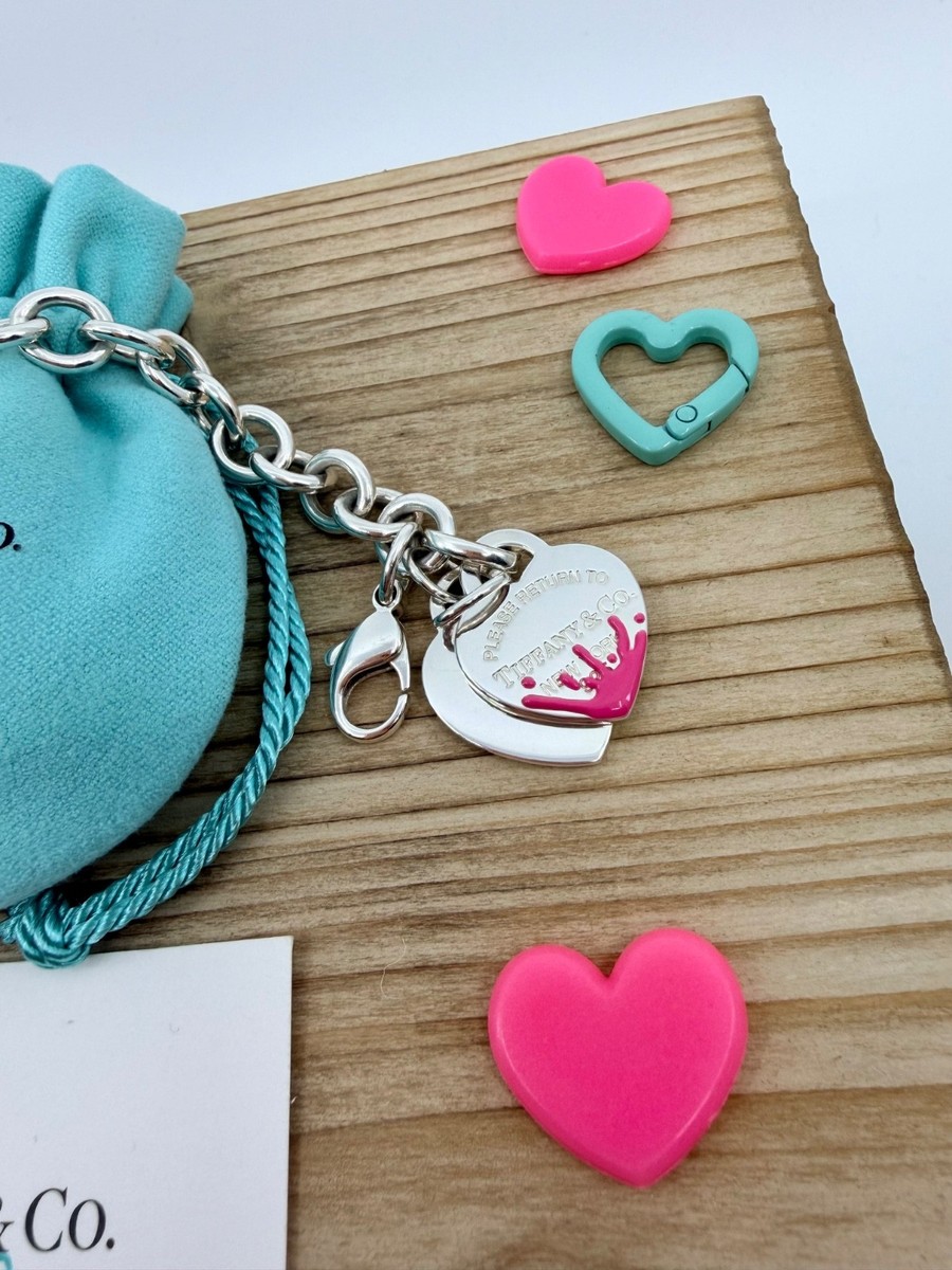 Tiffany & Co. Pink Heart Splash Charm Bracelet in Silver 7.5 inch