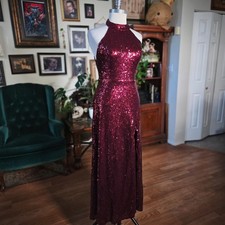 Revelry Sparkly Burgundy Sequin Halter Neck Gown High Slit Formal Evening Dress