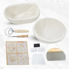 MCAMA Banneton Bread Proofing Basket Set 9" Round & 10" Oval Beige Rattan OPEN