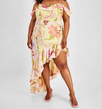 City Studios Trendy Asymmetric Cold-Shoulder Dress Yellow/ Pink Size 3X