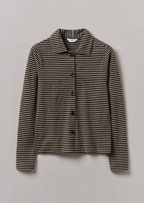 Toast Striped Cotton Jersey Button Up Top Shirt Size XS Grey Beige