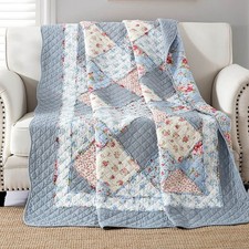 Twin Size Patchwork Quilt Blue Cotton Quilted Throw Blanket Reversible Bedspr...