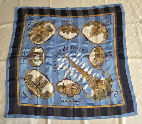 Vintage Souvenir De Paris Landmark Scarf Square Blue 38"X38"
